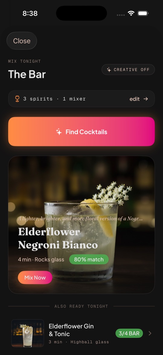 Simmer's Bar — cocktails you can make from your shelf, with match scores