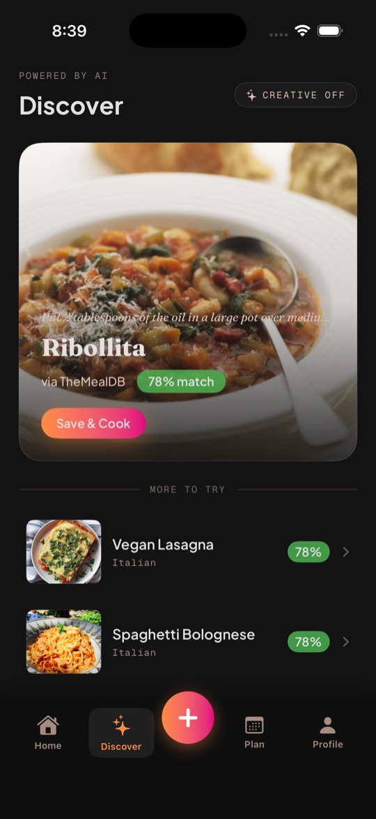 Simmer Discover — recipe recommendations tuned to your taste