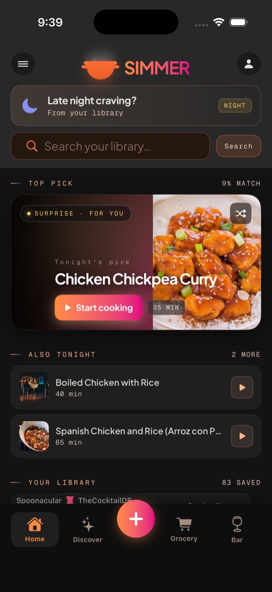 The Simmer home screen — tonight's AI recipe pick, your saved library, and cocktails from your bar